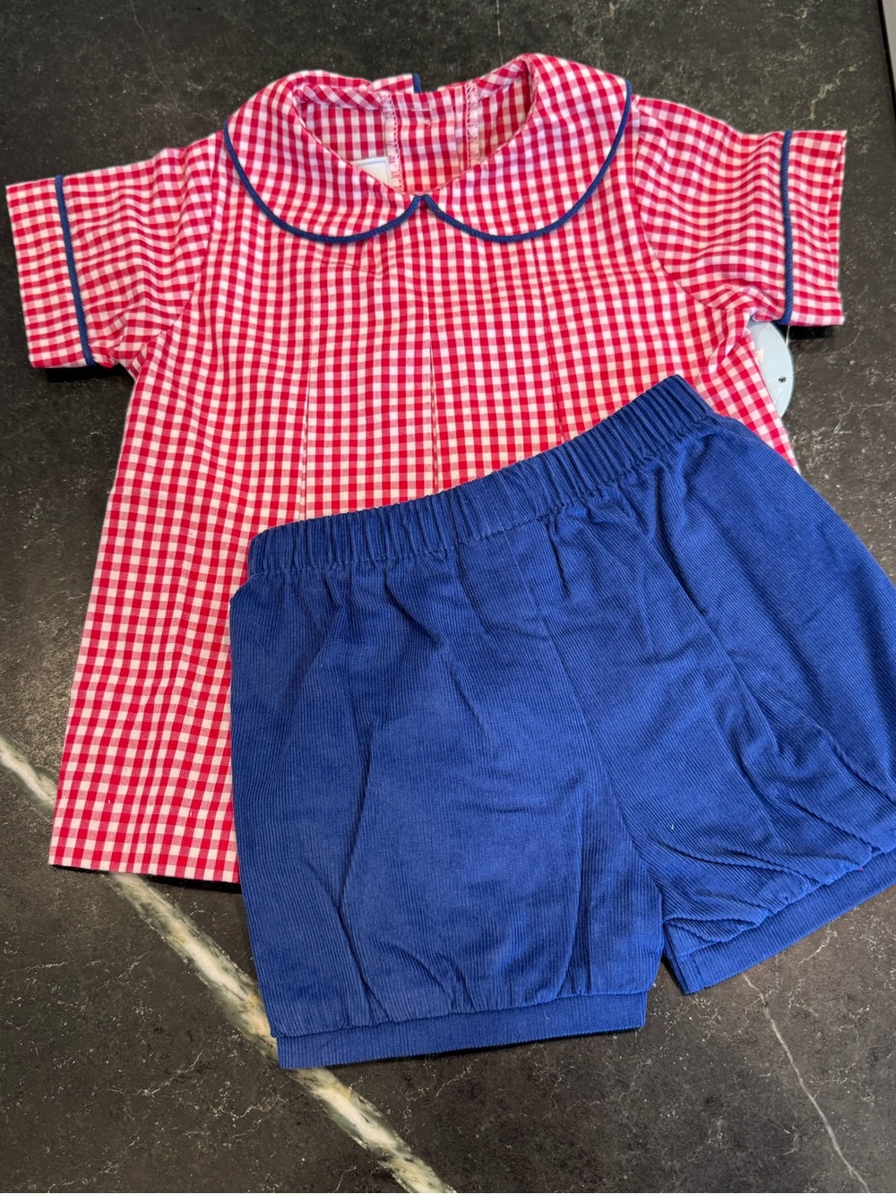 Little English Red Gingham Top with Blue Shorts Set